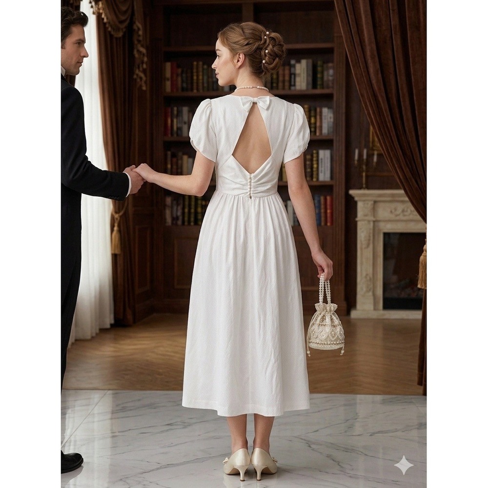 Ivory Midi Dress with Keyhole Back and Puff Sleeves